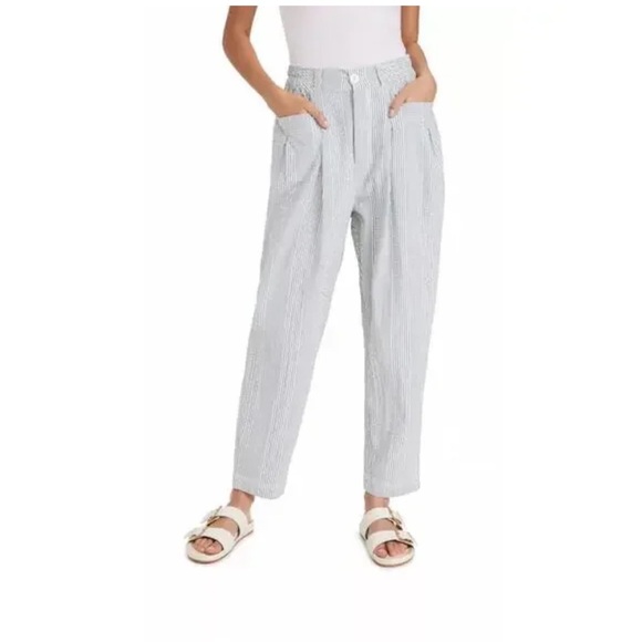 Free People Pants - Free People Make A Stand Trouser in Blue & White Stripes and Crinkle Fabric